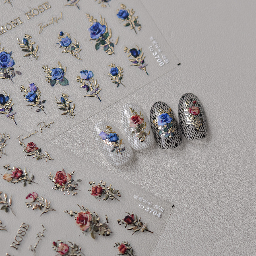 Retro Red Blue Rose Flower Nai - Nail Art Rose Gold 评论和价格